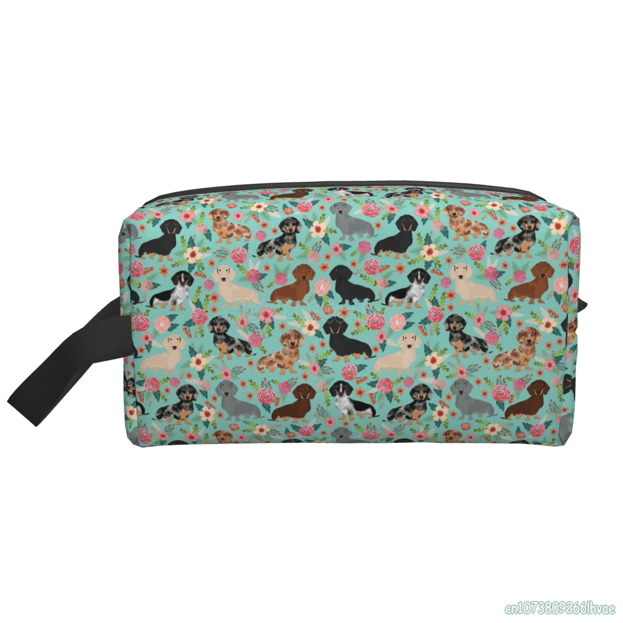 Bolsa de cosméticos Floral Dachshunds para mujer, bolsa de maquillaje grande, organizador de accesorios de aseo impermeable para mujeres y niñas