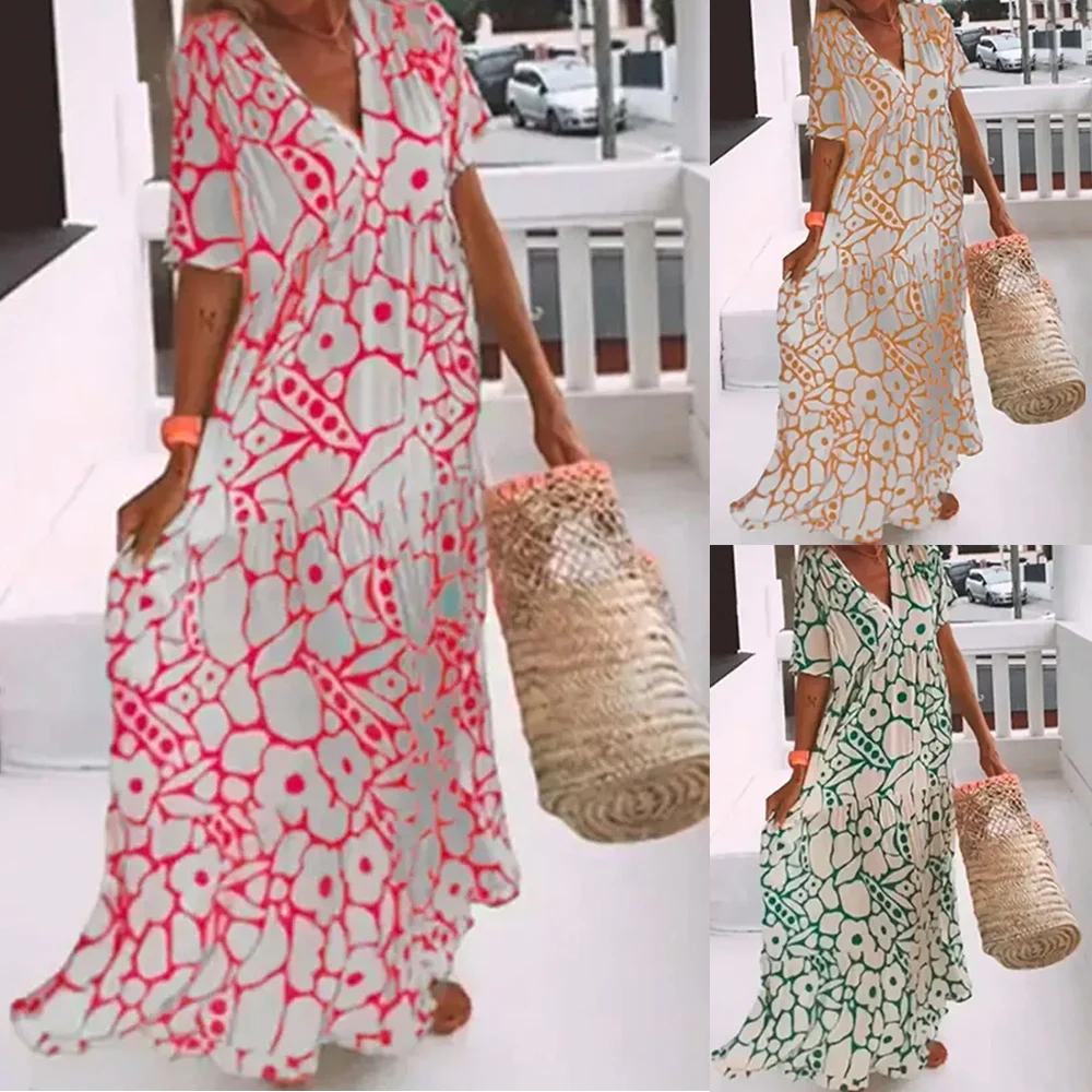 

Women's Summer Bohemian Maxi Dress Casual Short Sleeve High Waist Beach Woman Dresses Floral Vestidoes Oversized Loose Dress