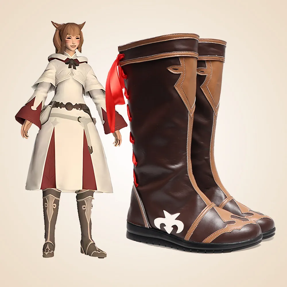 Anime Final Fantasy XIV White Mage‌ Cosplay Shoes Brown Long PU Leather Boots For Halloween Carnival