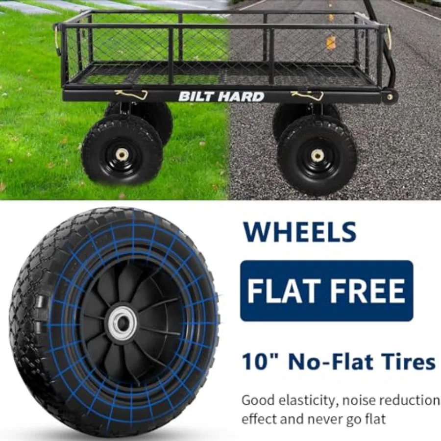 Garden cart with flat-free tires, steel construction, black finish, heavy-duty 880 lbs capacity and 180 rotating handle for out