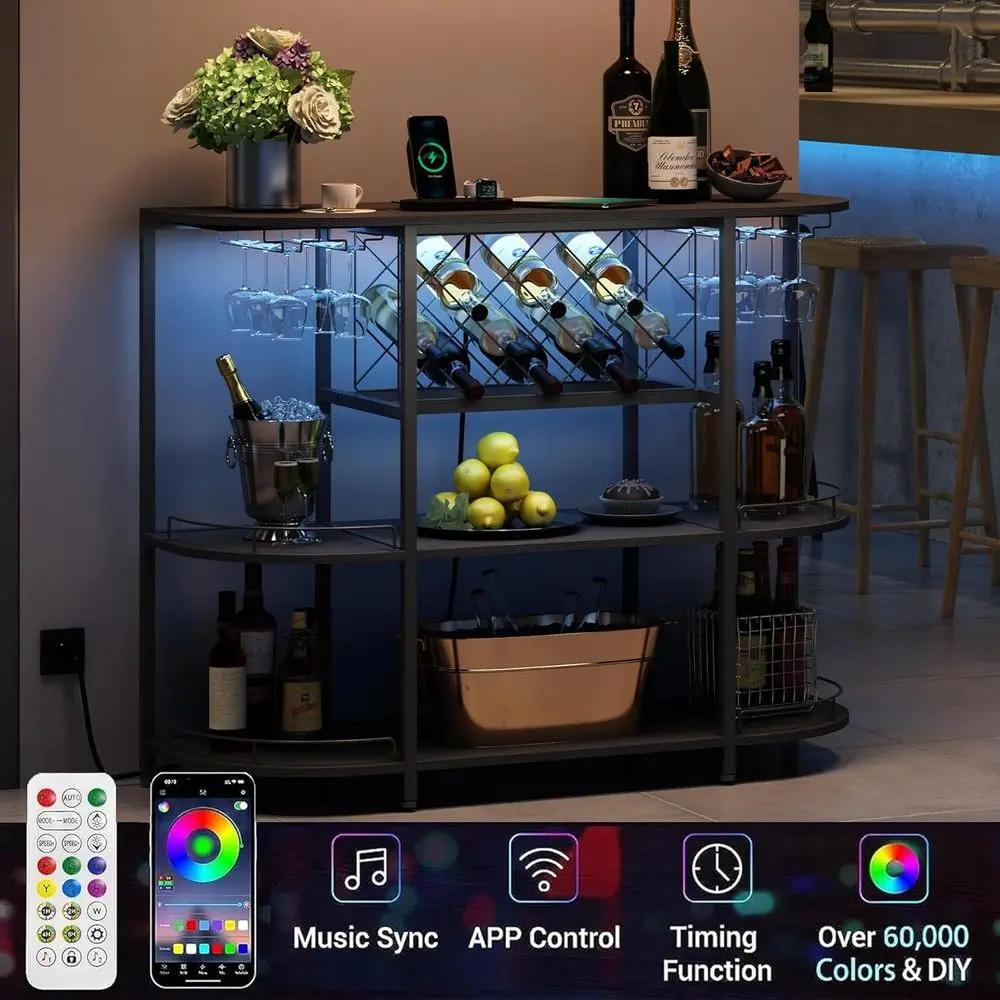 Black 3-Tier Coffee Table with Wine Rack, Power Socket, and LED Light for Home Bar and Kitchen Storage view 3