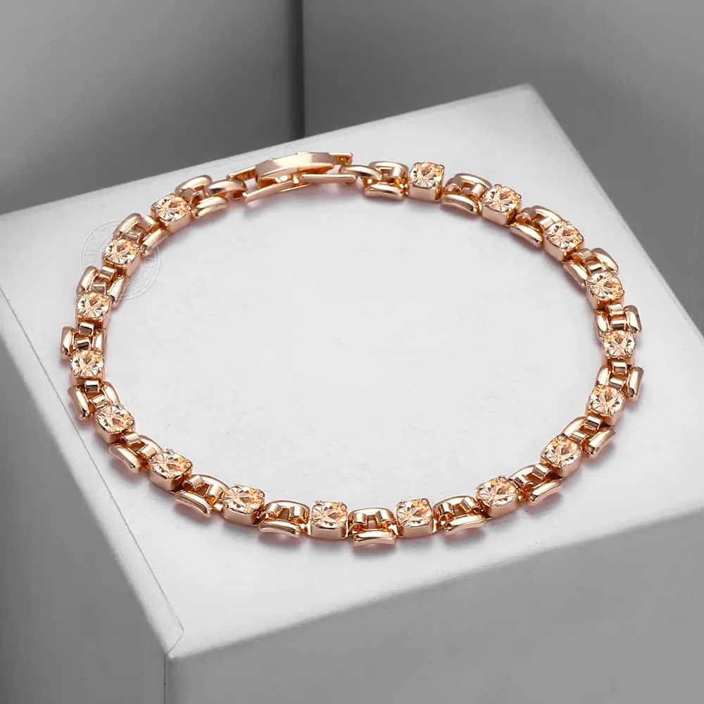 5.5mm 585 Rose Gold Color Bracelet For Womens Girls Square Bismark Gold Tone Cubic Zirconia Stone Link Bracelet  GB433