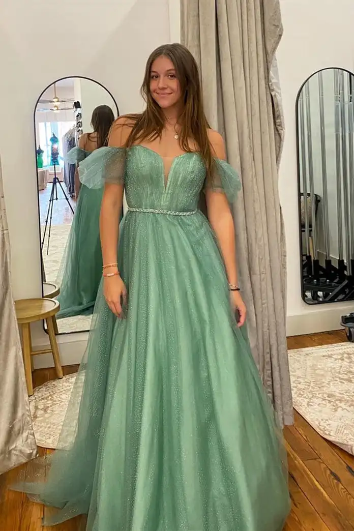 

Green Prom Dresses Off Shoulder Glitters Tulle Beaded Belt A Line Long Sweep Train Formal Party Evening Gowns Custom made