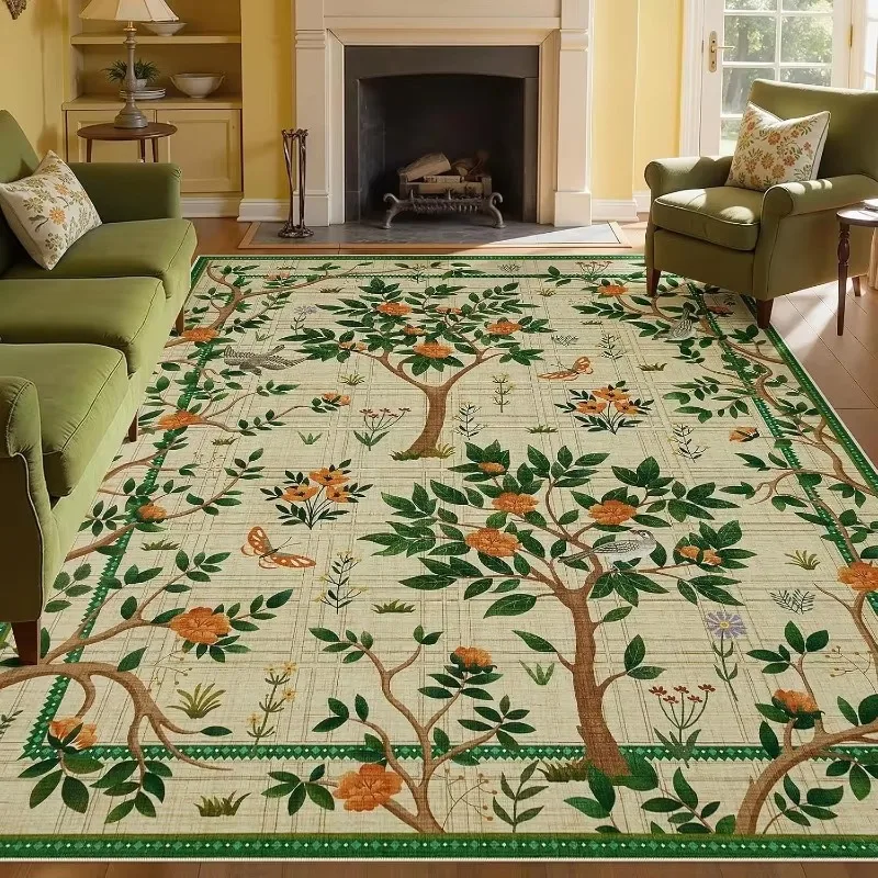 Living Room Carpet Non-slip Machine Washable Floor Mat American Retro Forest Bird & Floral Rug Soft Comfortable Home Decor Rugs