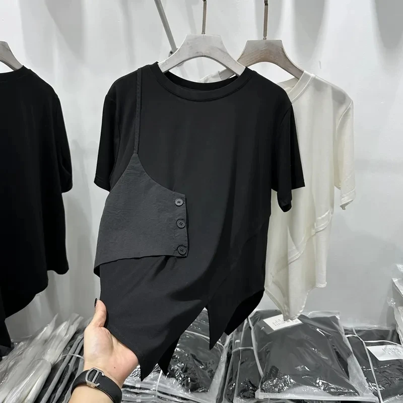 

plus Size Women's T-Shirt Korean Design Loose Short Sleeve Asymmetrical Patchwork Summer Versatile round Neck Top for plus Size