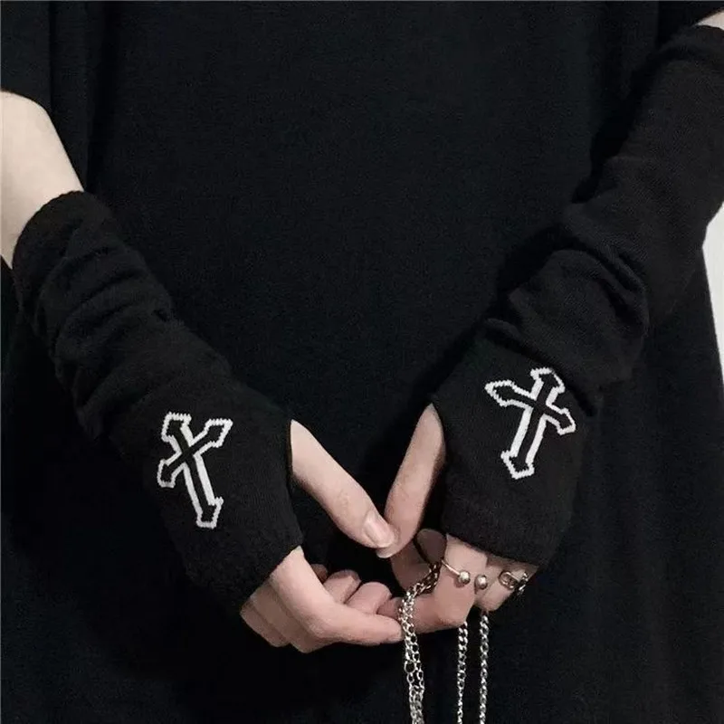 Punk Cross Pentacle Moon Pattern Long Fingerless Gloves Gothic Black Cuff Women Men Ninja Outdoor Cos Elbow Mittens Arm Warmers