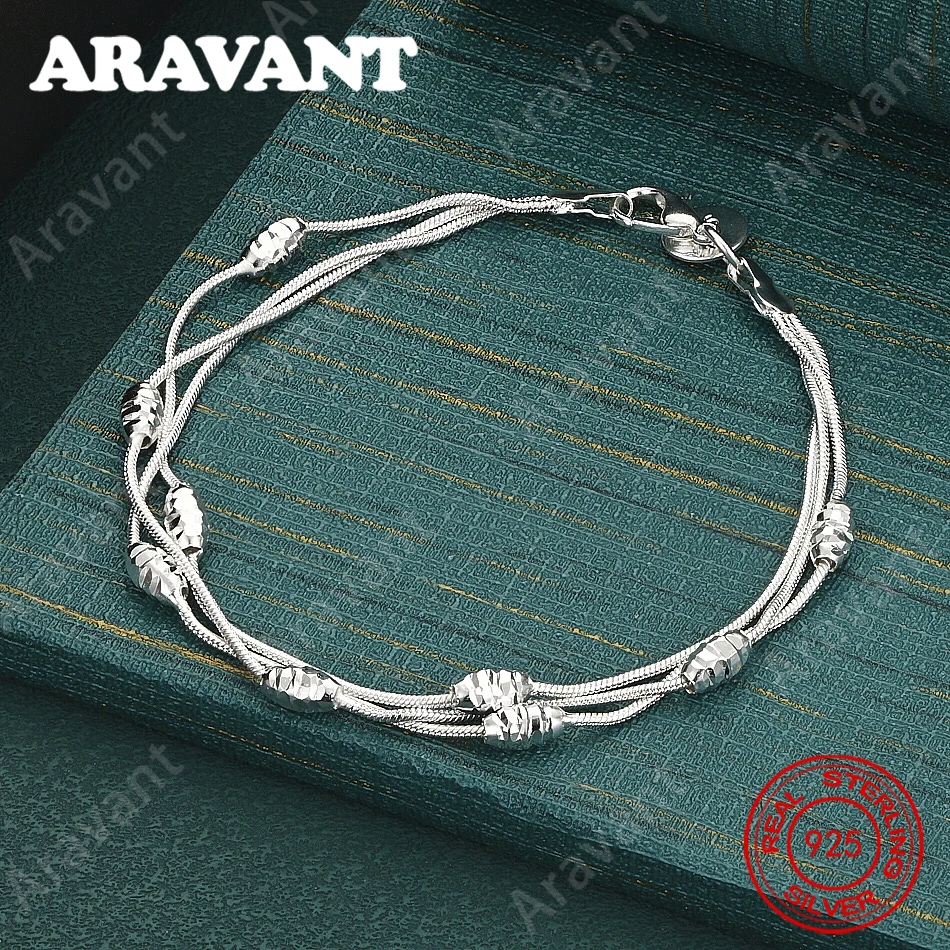 925 Sterling Silver Three-Layer Snake Chain Bracelet With Olive-Shaped Beads – A Vintage, Unique Accessory And Gift For Women