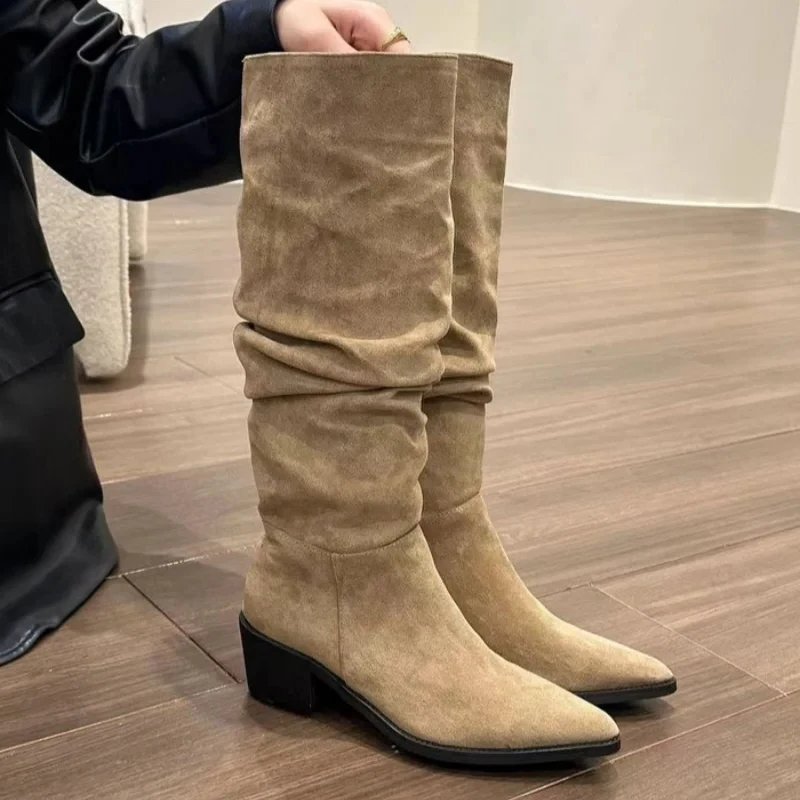 

Retro ruched leather ankle boots for 2025 winter, fashionable and versatile style pointed-toe platform women's boots, size 35-43