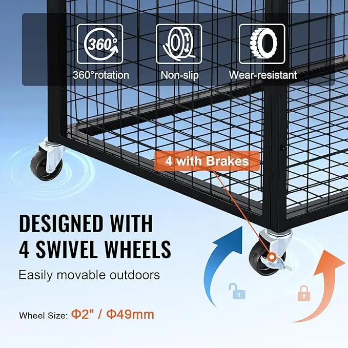 Rolling Sports Ball Storage Cart, Lockable Basketball Cage Steel Storage Rack for Garages, Playgroup, Gym, Schools