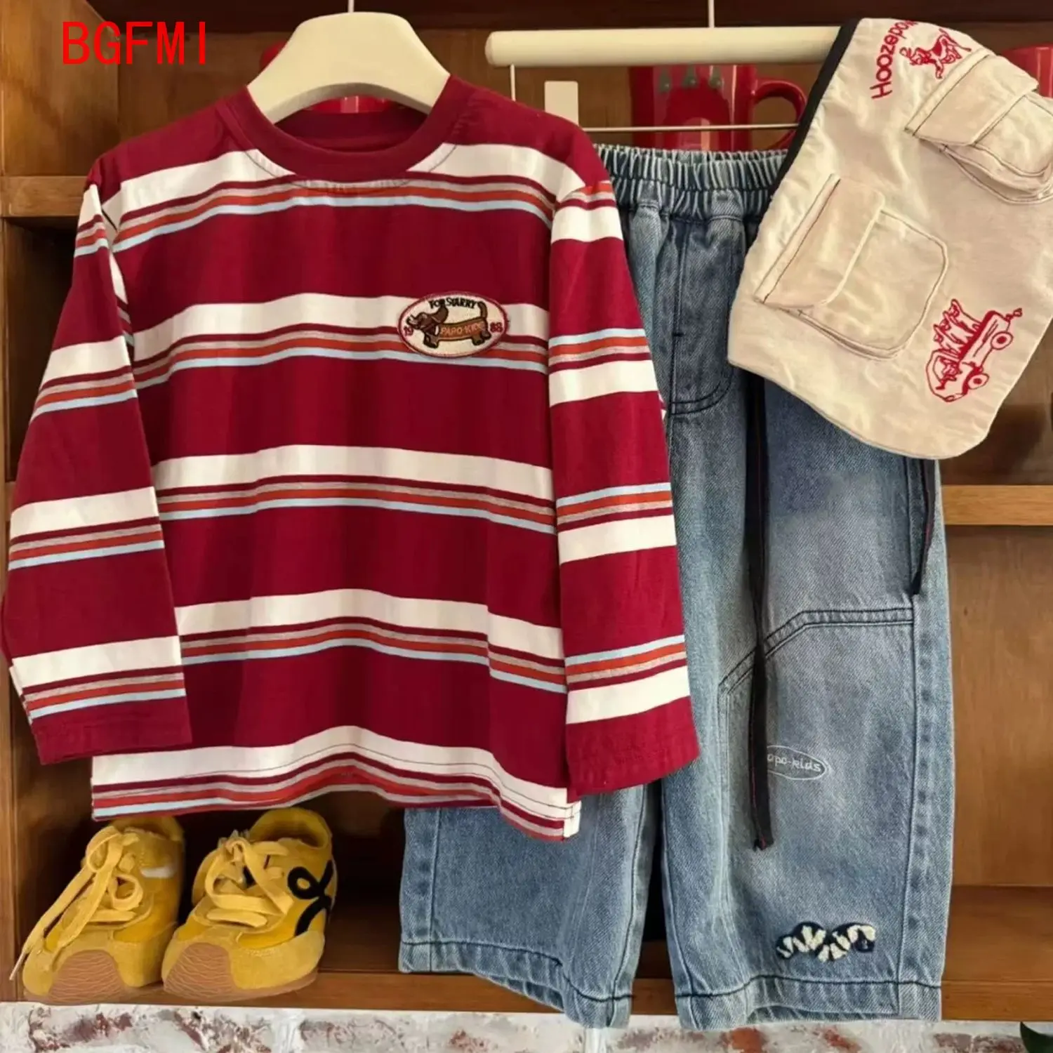 

Children's Spring and Autumn Clothing Set New Red Striped T-shirt +Fashionable 3D Embroidered Denim Pants Handsome Two Piece Set
