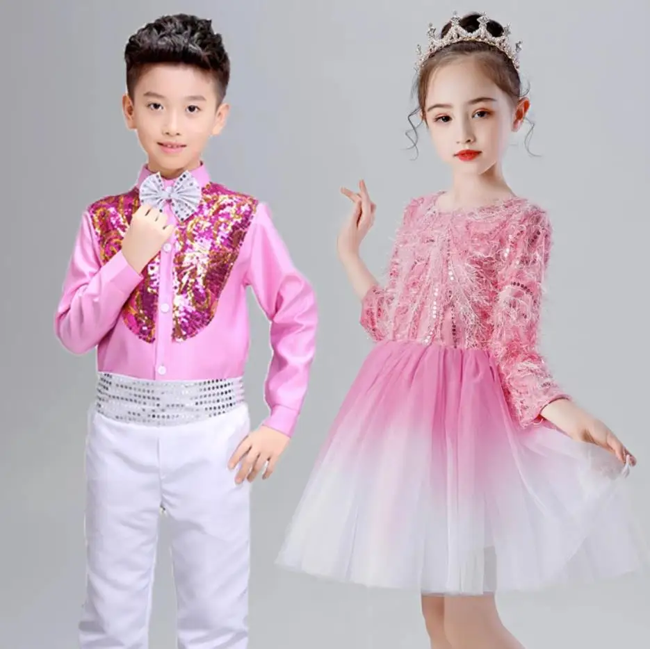 Modern Dance Dress For Girls Boys Long Sleeved Salsa Waltz Dance Costume Child Kids Chorus Dance Wear Childrens Party Dresses