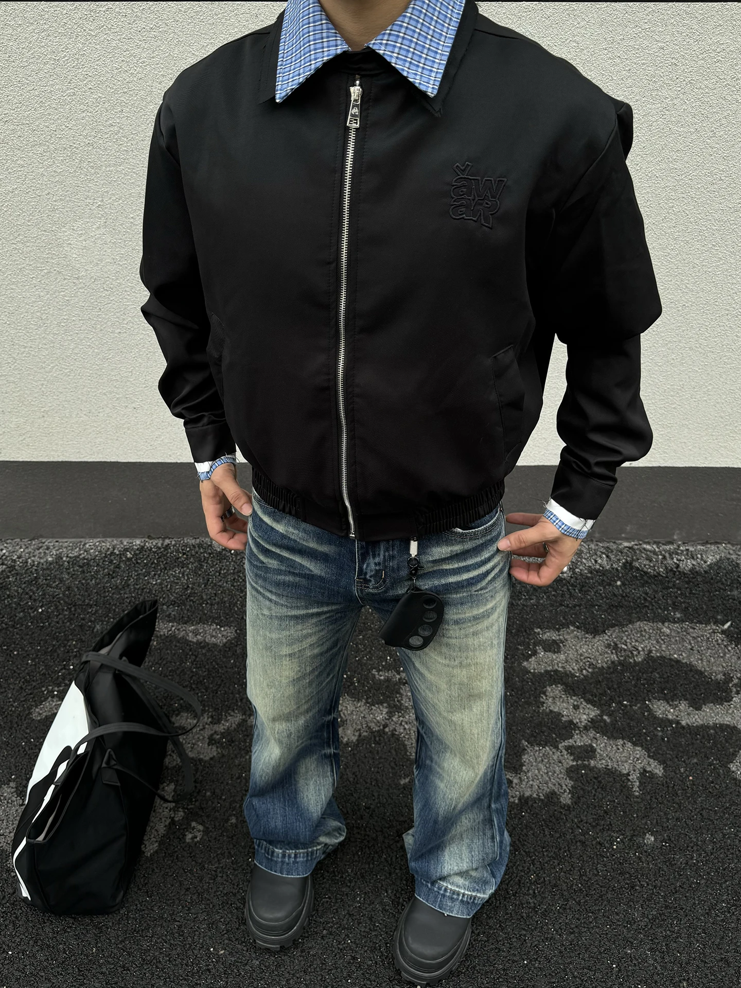 

Cleanfit ort Jaet Men's Retro American Plaid Fake Two-Piece Collar Embroidered Lettering Trendy Brand Polyester Fiber