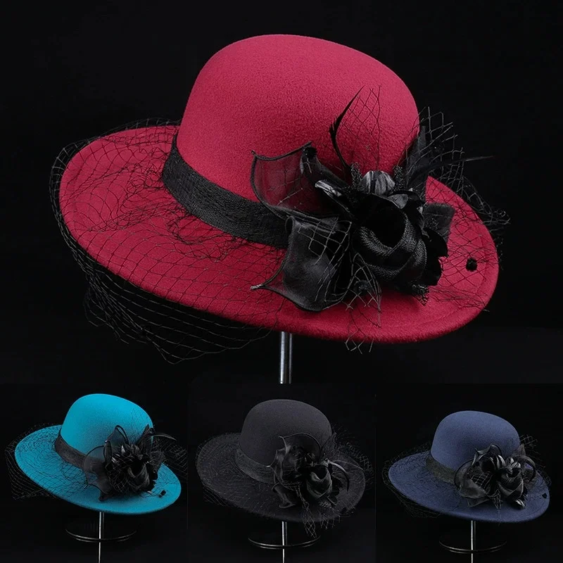 European and American-Style Retro French Tulle Floral Wool Bowler Hat: Elegant Wide Brim, Stylish and Warm, Perfect for Moms