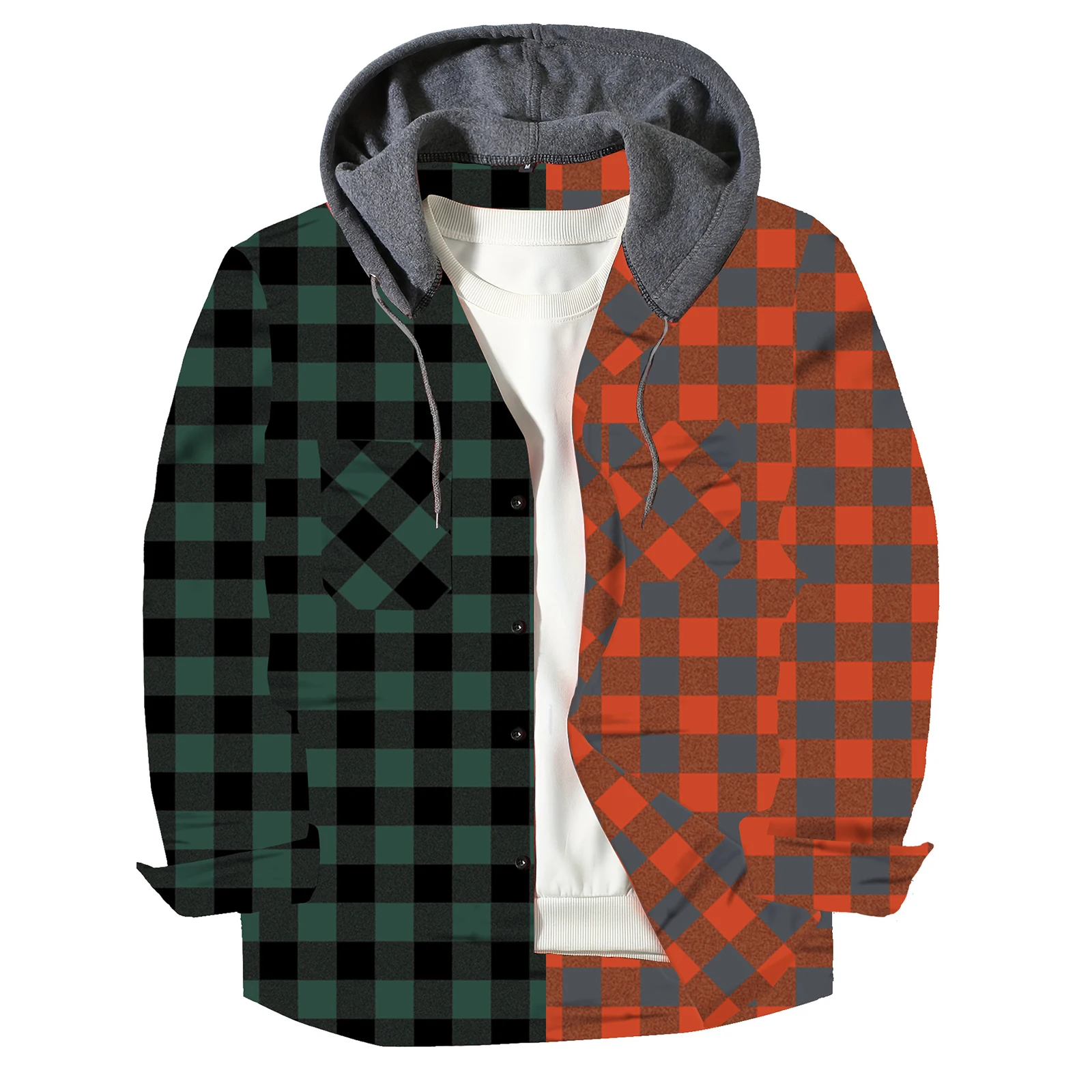 Men's Shirts Classic Plaid Casual Button Down Hooded Long Sleeved Double Pockets Shirt Hoodie Flannel Jacket Spring Autumn Tops