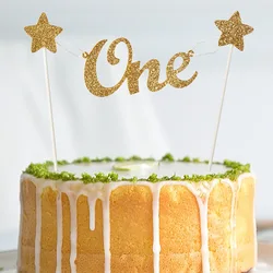New One Year Old Birthday Party Cake Flag Topper Gold Glitter Star One Cake Topper Baby Boy Girl Birthday Party Cake Decor