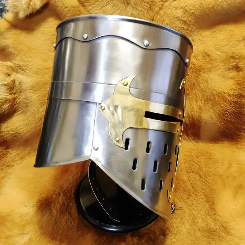 Real-time inventory = Medieval armor, bishop's giant helmet, crusader knight's barrel helmet, real-life helmet can be worn