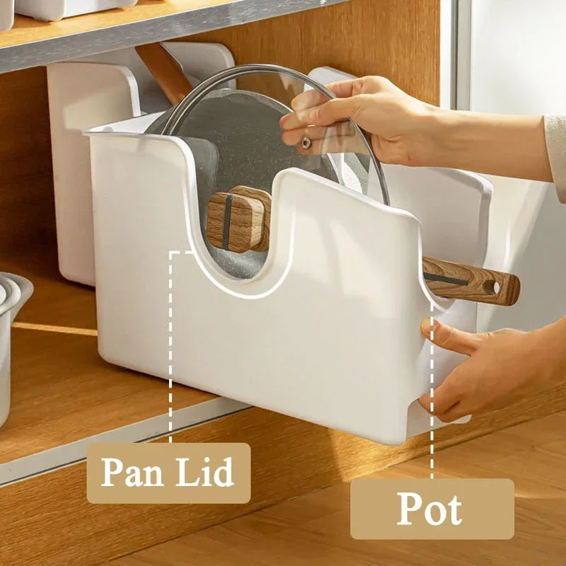 Pan Holder Kitchen Pot Storage Rack Desktop Cookware Organizer Plastic Large Capacity Dustproof Pan Lid Holder Kitchen Organizer