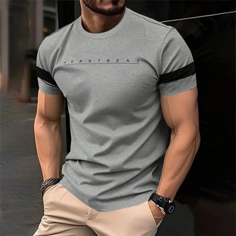 New American men's summer training letter stripe print micro elastic breathable round neck T-shirt outdoor urban casual top