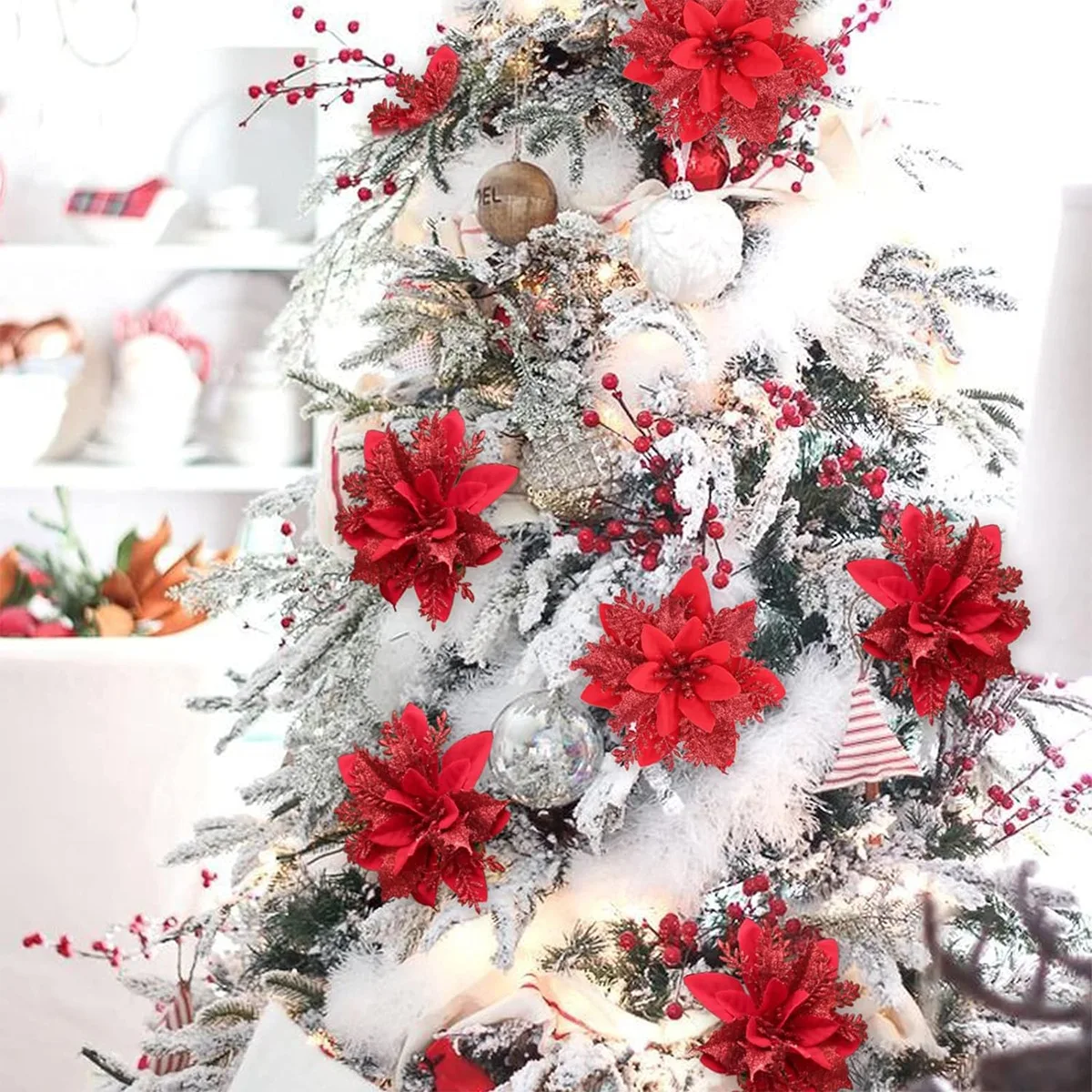 Weihnachts-Glitzerblumen, künstliche Blumen, Weihnachtsbaumschmuck für Zuhause, 2025, Baum-Anhänger, Ornamente, Navidad, Neujahr 2026, Geschenk – Detail 13