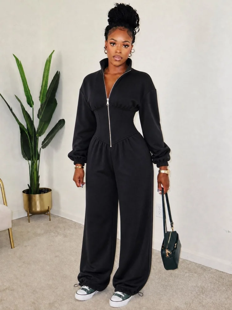 Wmstar Jumpsuit Women Wholesale Long Sleeve Stand Collar Waist Wide Leg Casual Sweat Jumpsuit Drawstring Cuff Daily Outfit