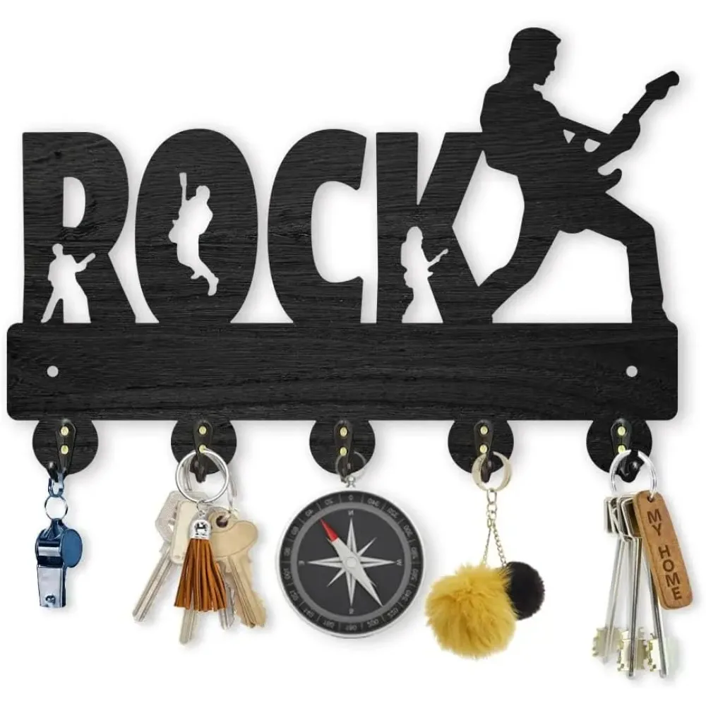 

Wooden Rock Band Key Hook Guitar Player Coat Rack Wall Mounted 11.87.9inch Music Key Holder with 5 Alloy Hooks