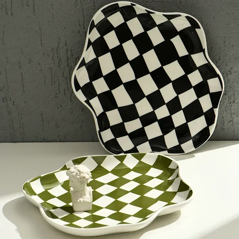 Irregular Cloud Plate Designer Tableware Black White And Green Checkered Dessert Plate Cake And Pastry Plate
