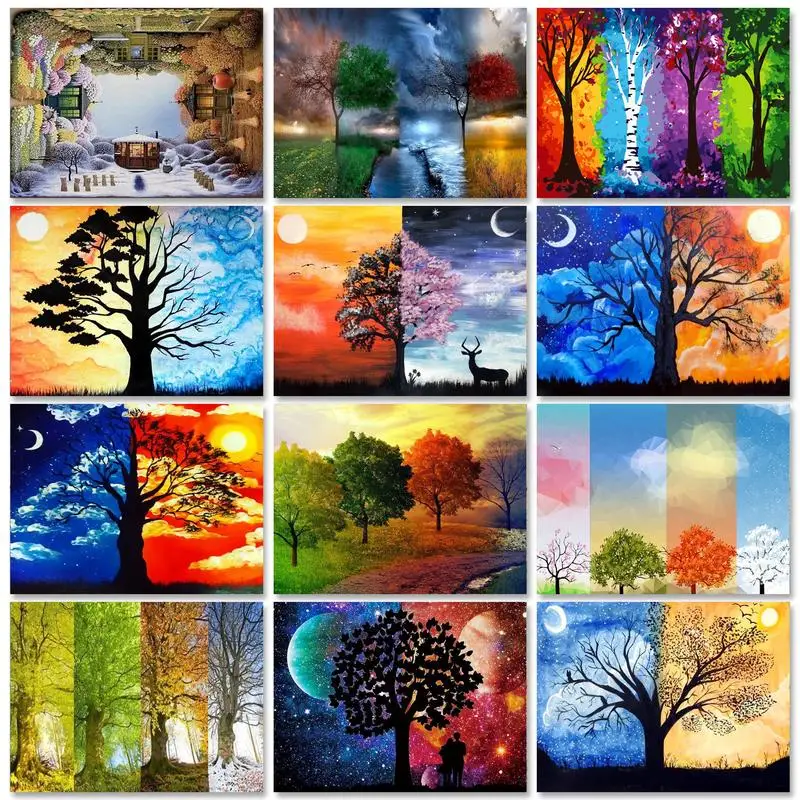 

RUOPOTY Classic Painting by Numbers with Frame Four Season Trees Drawing On Canvas DIY Acrylic Paint Unique Gift Hobby