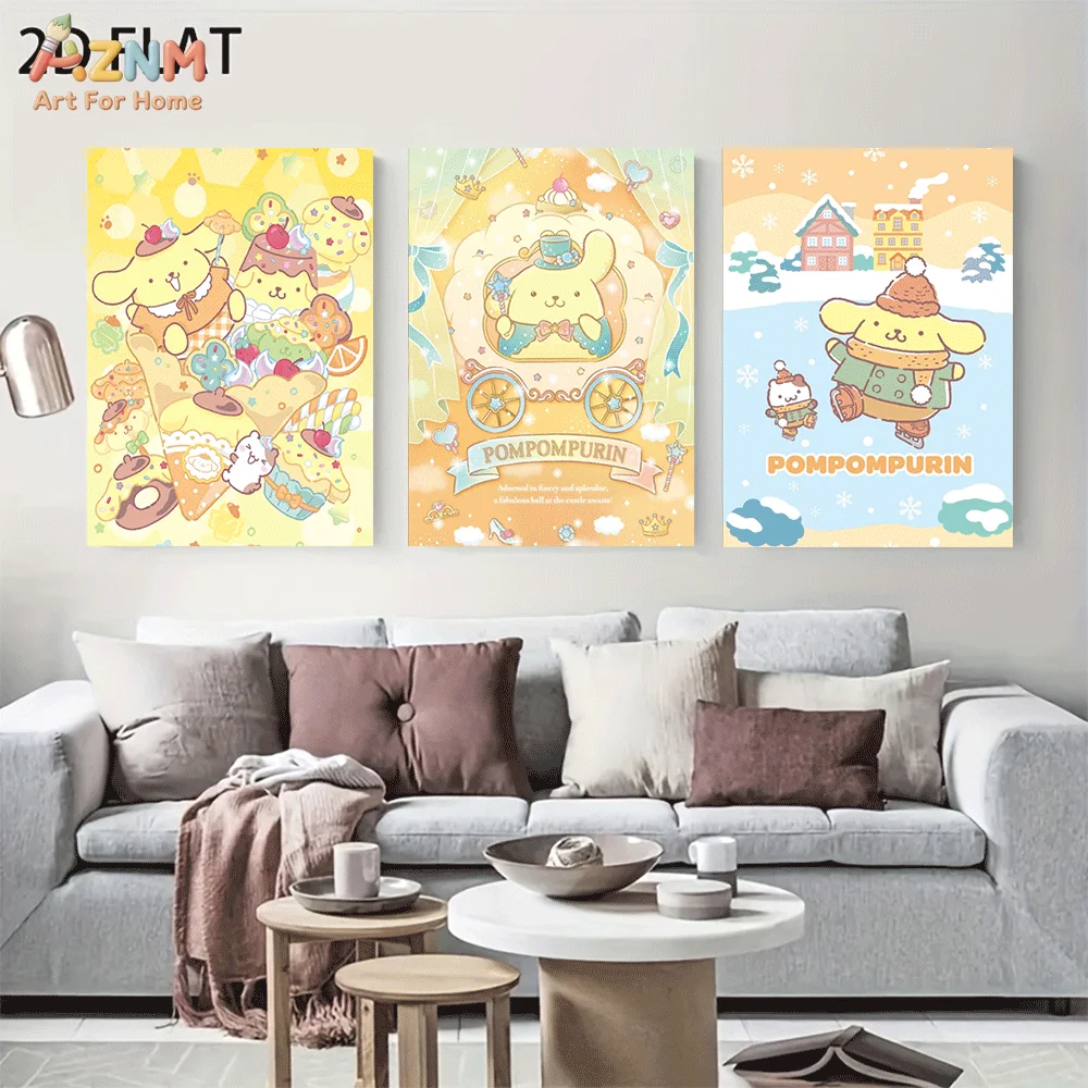 AZNM Pompompurin Frameless Canvas Wall Art, Dessert Carriage Winter Snow Cartoon Poster, Sweet Cute Aesthetic Home Bedroom Decor