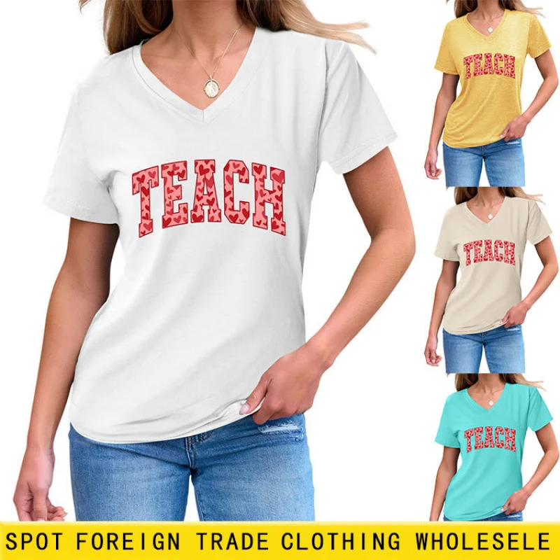 

Plus Size AmazonwishIndependent Fashion Personality Women's Heart PrintVCollar Short SleeveTShirt Export