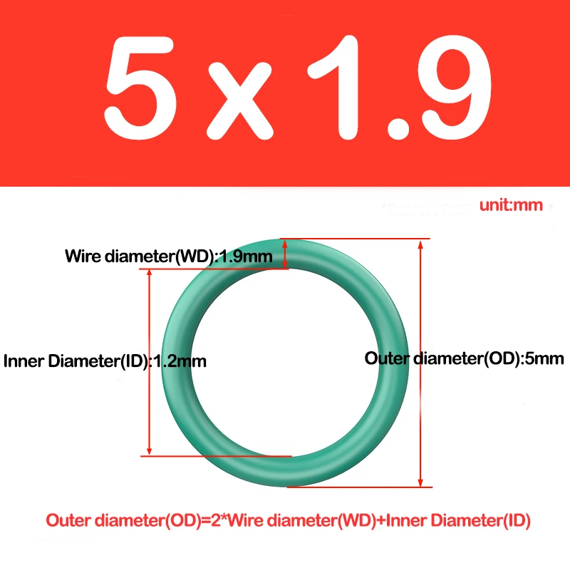 CS 1.9 مم، الأخضر FKM O حلقة الختم سمك جوانات الزيت، OD 5-220 مم حلقات O المطاط الفلور، القطر الخارجي × قطر السلك #2
