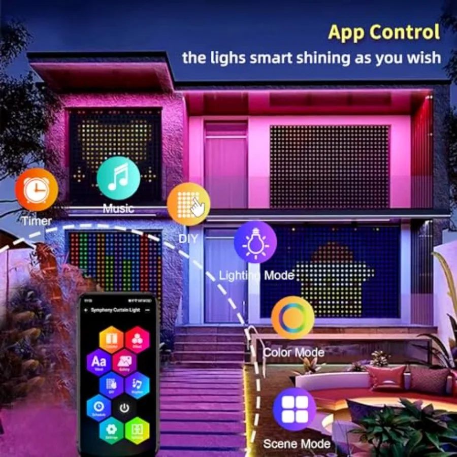 Smart Curtain Lights 6.6 ft x 6.6 ft 400 LEDs Light Curtain 1600 Colors Adjustable Dynamic DIY IP65 Waterproof String Lights fo