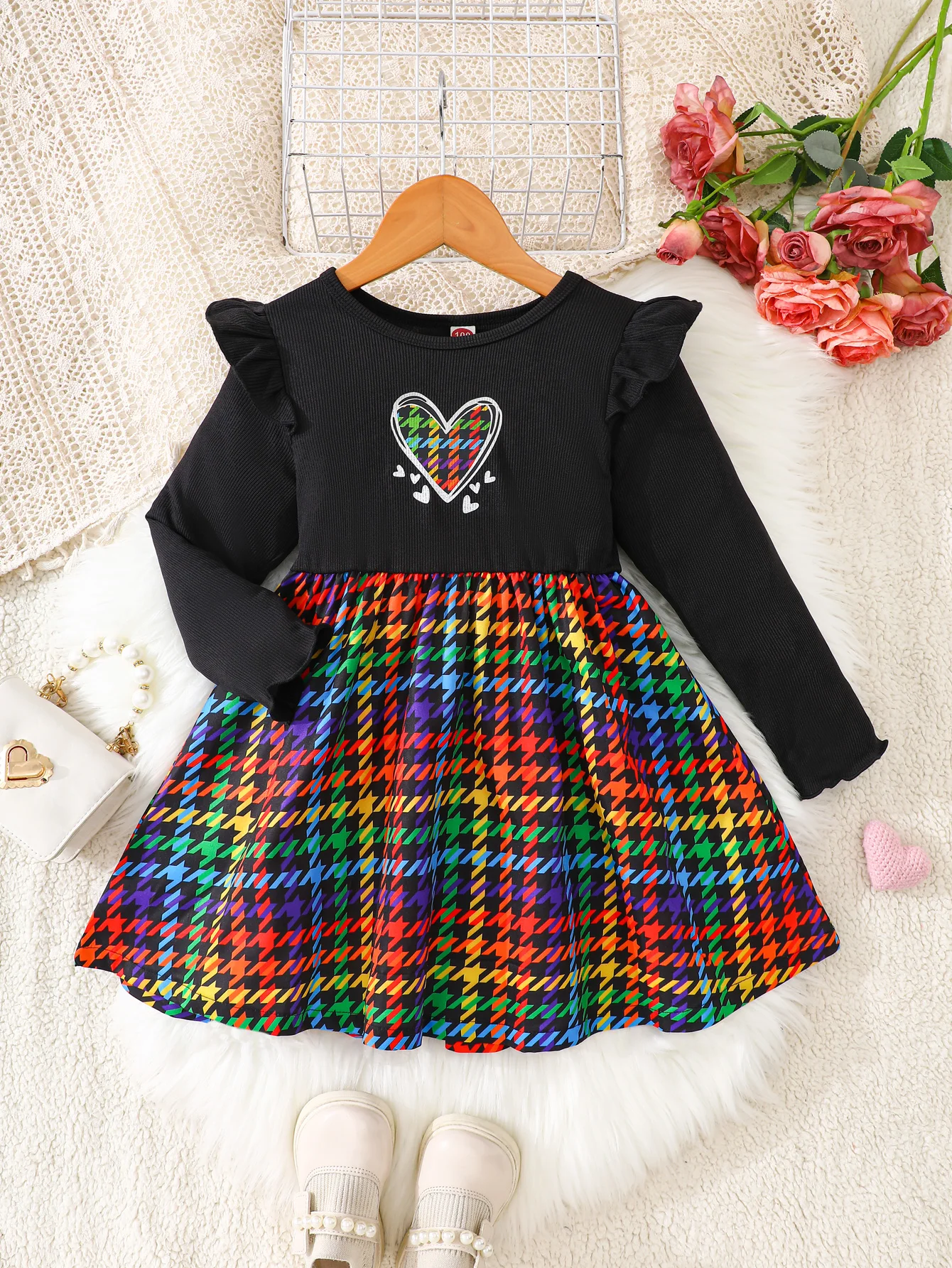 Spring Autumn Girls Dress Heart Pattern Comfortable Rib Fabric Casual Children Princess Dress For 1-8 Years Girls