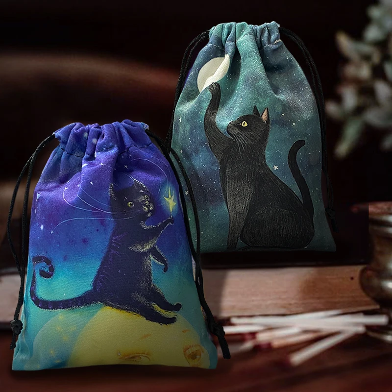 Velvet Tarot Oracle Cards Storage Bag Black Cat Tarot Pouch Rune Dice Crystal Jewelry Bag  Multiple Use Pouch  Witch Divination