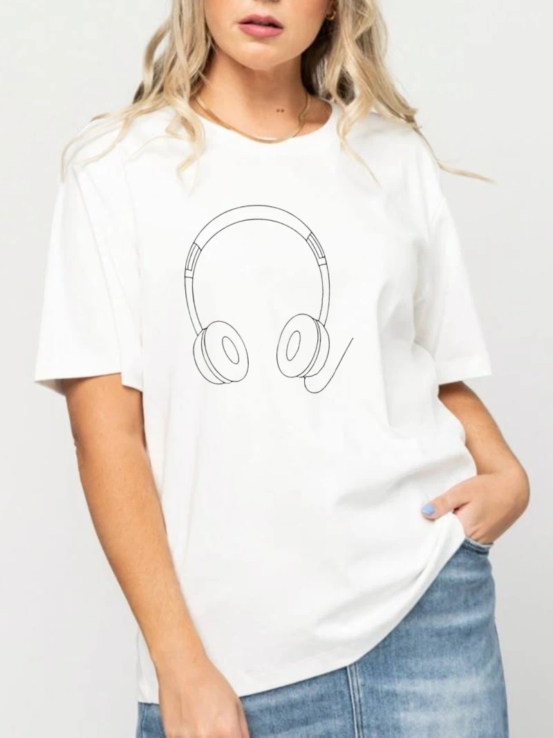 

Women's Loose White Short-sleeved T-shirt Headphones Line Print Fashion Clothing Spring and Summer Fashion