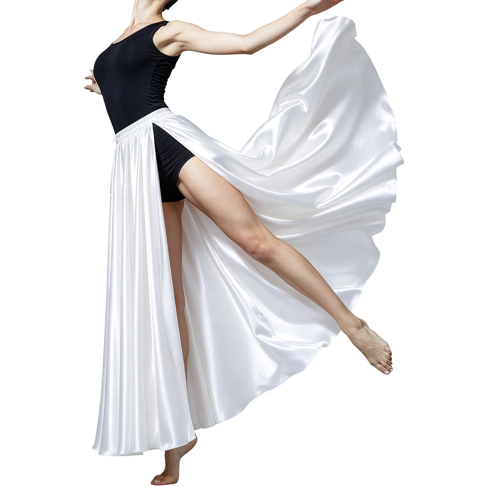 Women Flamenco Performance Costume Elastic Waist Side Split Satin Skirt Belly Dancing Spanish Bullfighting Dance Latin Dancewear