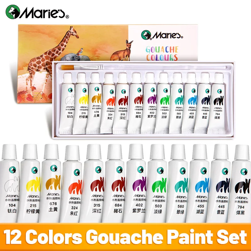 Marie's 12 Colors Gouache Paint Set & 1pc Paintbrush for Canvas Painting,Watercolor,DIY,5ml Each Tubes,for Hobbyist,Adults