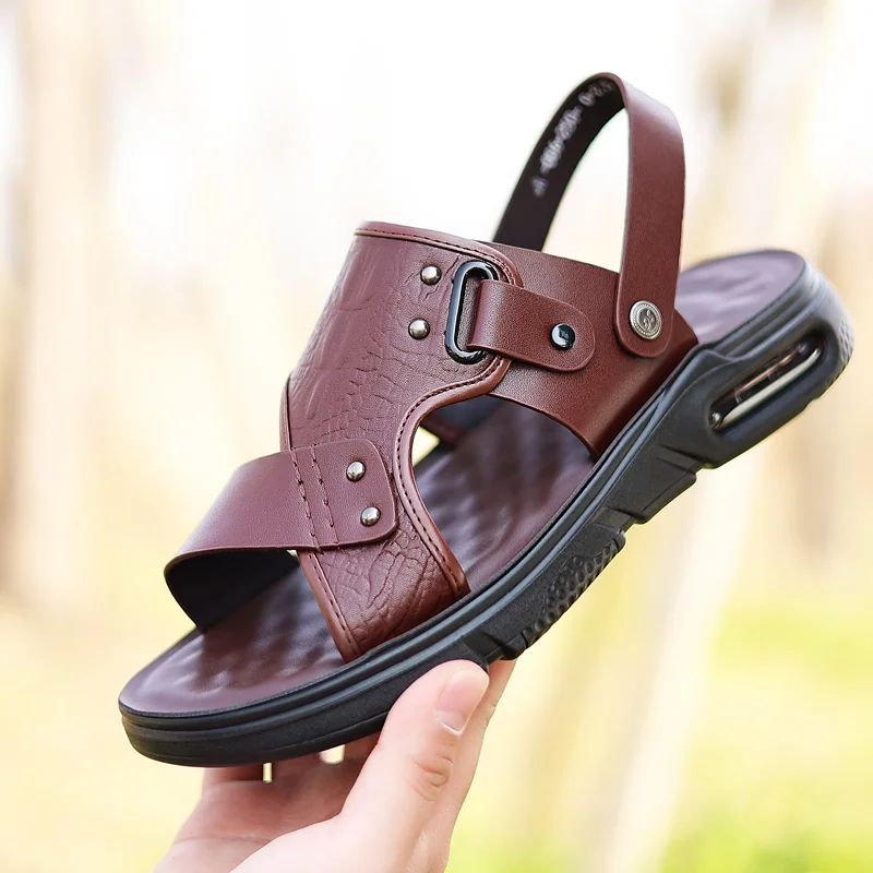 

Genuine Leather Summer Slippers Dual Wear Beach Style Sandals with Latex Air Cushion Non Slip Soft Sole All Day Casual Footwear