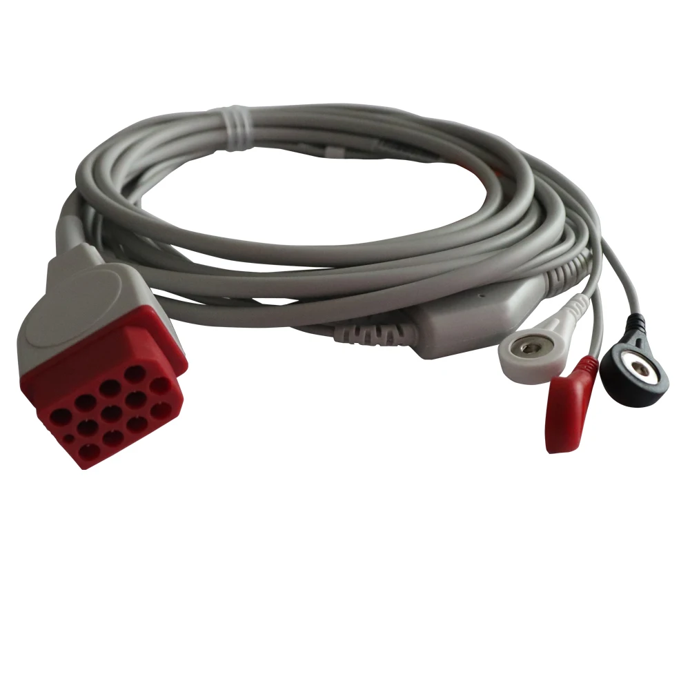 

one piece ECG cable with leadwires,AHA,3-Lead,snap, red 12pin