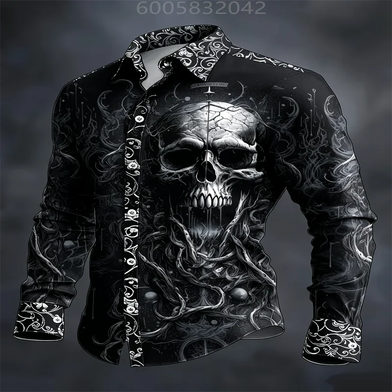 Men Fashion Dark Gothic Style Long Sleeve Shirt Terrifying Skull And Vines Horror Graphic Print Turn‑down Collar Halloween Party