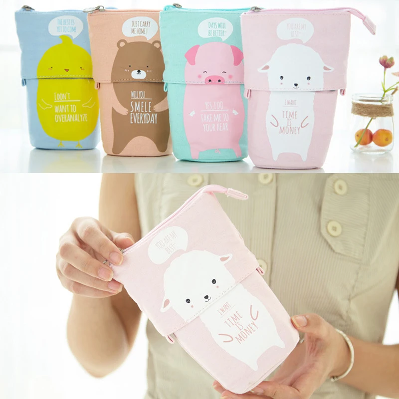 Kawaii Pencil Case Zipper Cute Cat Pencil Box Standing Stretch Pencilcase School Supplies Student Stationery Trousse Estuches