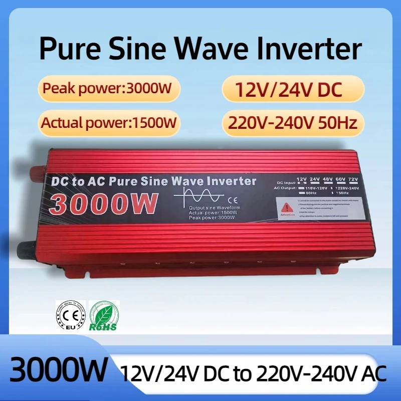 3000W Pure Sine Wave Inverter DC 12V 24V To AC 220V 50Hz Portable Power Supply Converter Voltage Converter Car Solar Inverter