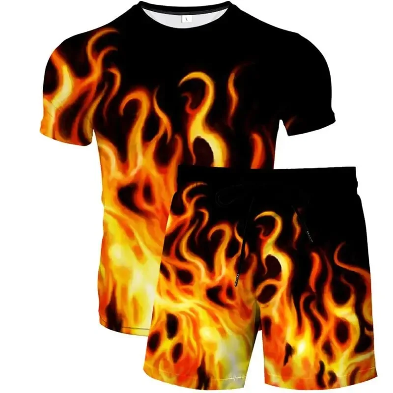 

2025 Summer Sports Men's and Women's Flame 3D Printed Fashion T-shirt and Shorts Set Casual 2-piece Set Street Wear Short Sleeve