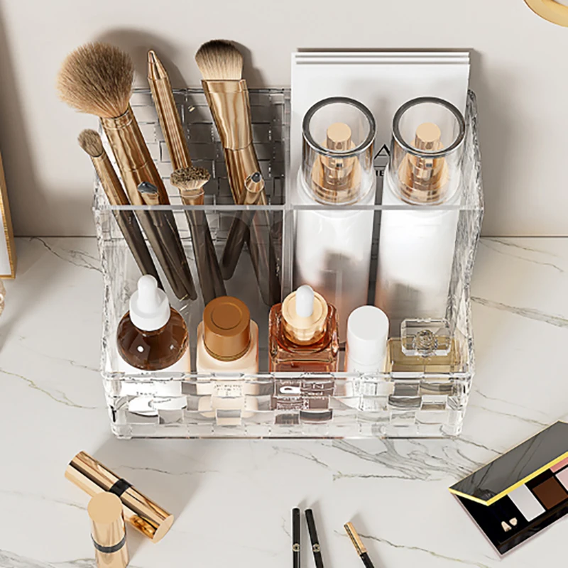 صندوق تخزين مكتبي شفاف خفيف فاخر متعدد الشبكات منظم المكياج صندوق مستحضرات التجميل سعة كبيرة حامل جهاز التحكم عن بعد