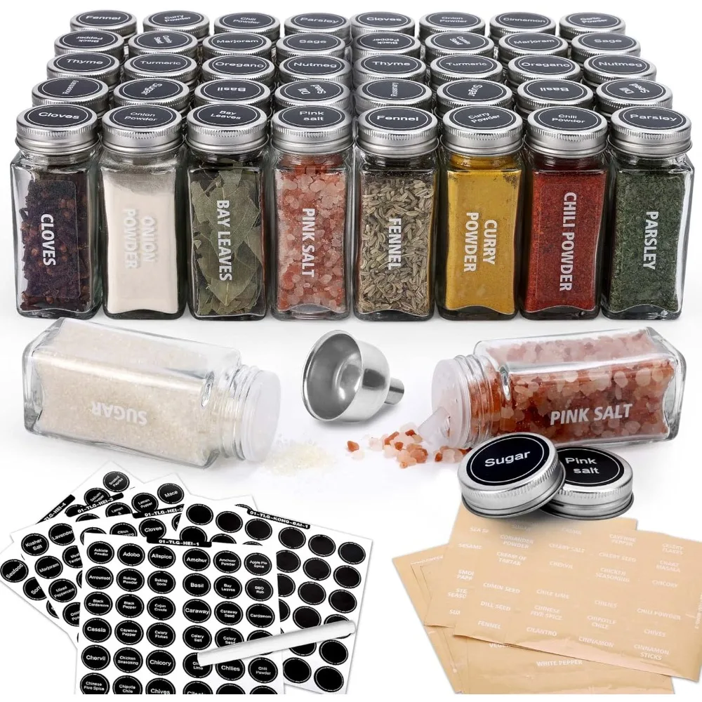 40-Pack 3.5 OZ Glass Spice Jars with 324 Labels, Shaker Lids and Airtight Metal Caps, Empty Reusable Square Seasoning Bottles