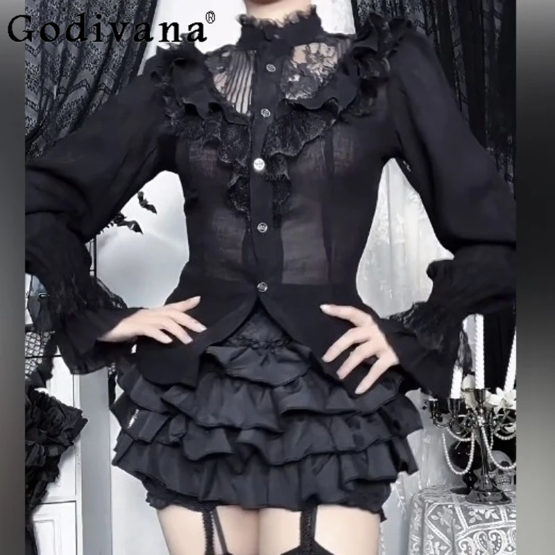 

Halloween Dark Goth Style Long-sleeved Sexy Cos Leisure Shirt Spring and Autumn New Versatile Fashion Women's Lace Ruffles Top