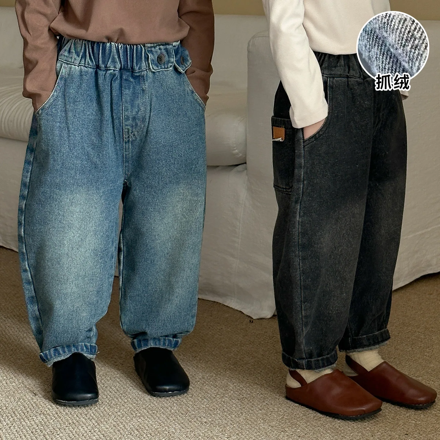 Autumn Winter Kids Boys Jenas Korean Children Boys Solid Thicken Warm Denim Pants Casual Velvet Infant Babys Boys Carrot Pants