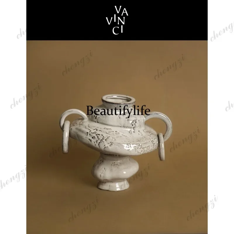 MM182 Retro art handmade ceramic vase beige binaural flower ware living room entrance ornament