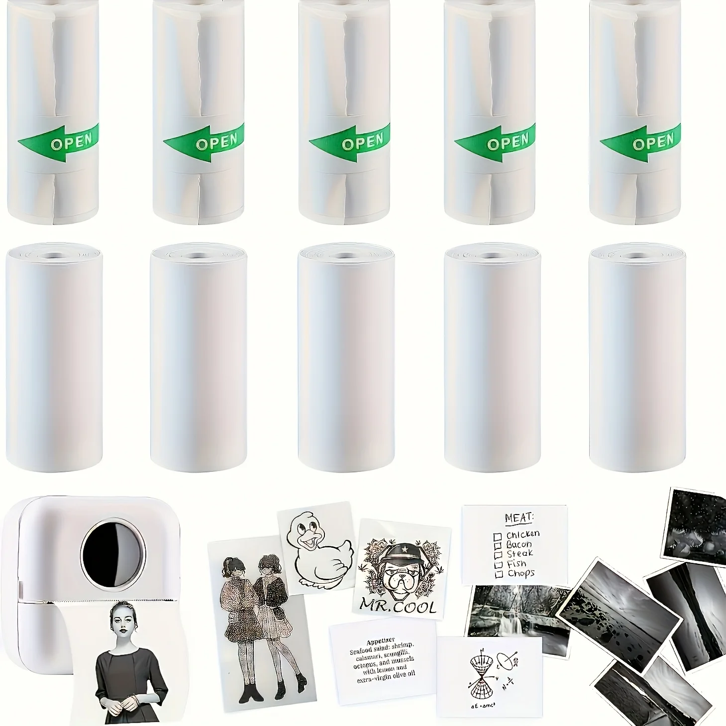 50 rouleaux de papier thermique auto-adhésif 57x25mm, étiquettes vertes à Base blanche pour Mini imprimantes de poche, impression de texte/Image/photo