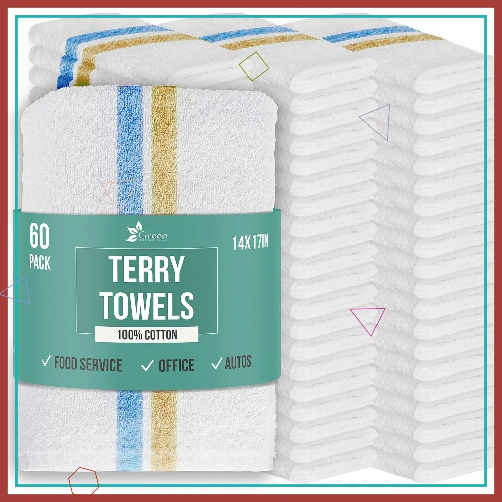 

Многофункциональные махровые полотенца, сине-оранжевые в полоску и белые, 14x17 дюймов, прочные, впитывающие, из хлопка - упаковка 60 штук