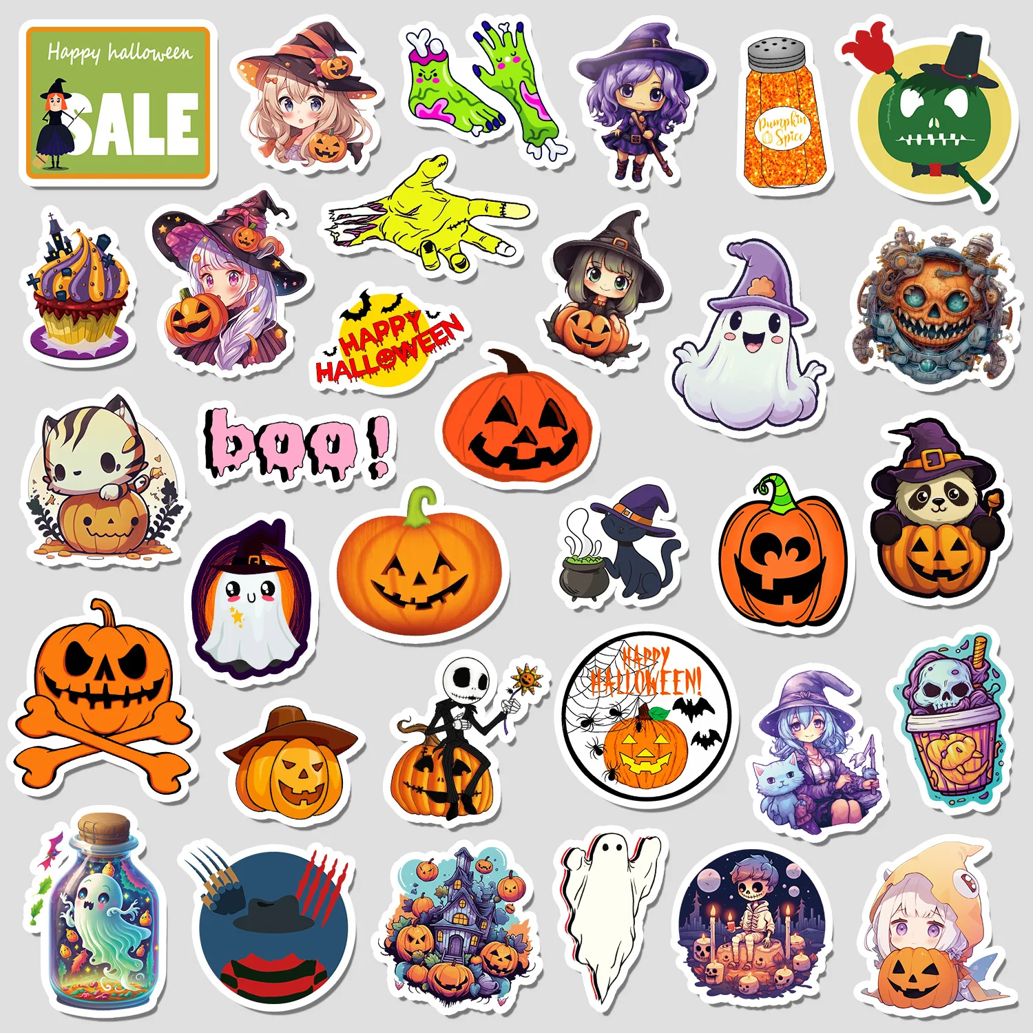 50pcs/pack Gothic Halloween Ghost Witch Pumpkin Decorative Stickers DIY Notebook Guitar Skateboard Waterproof Party Supplies